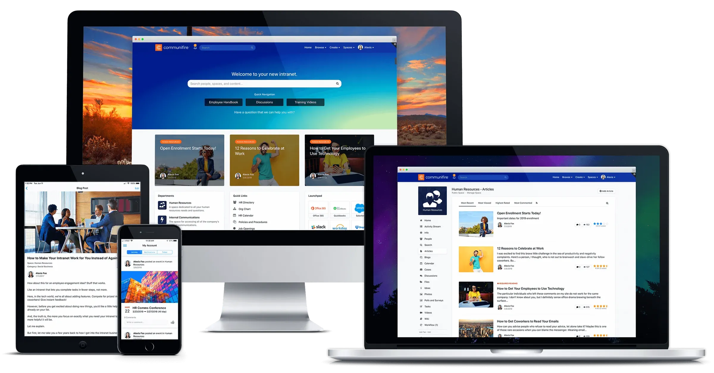 Collaboration tools showing knowledge sharing, search, and documents.