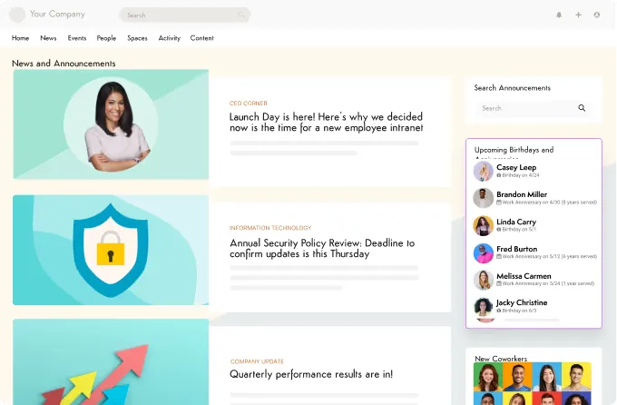 Company intranet dashboard with news cards and a sidebar listing upcoming birthdays and work anniversaries.