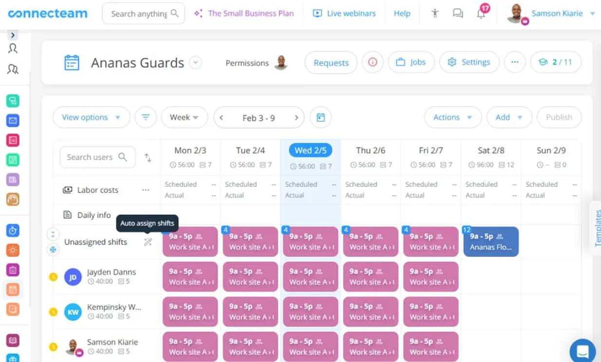 Connecteam weekly shift schedule with assigned and unassigned shifts