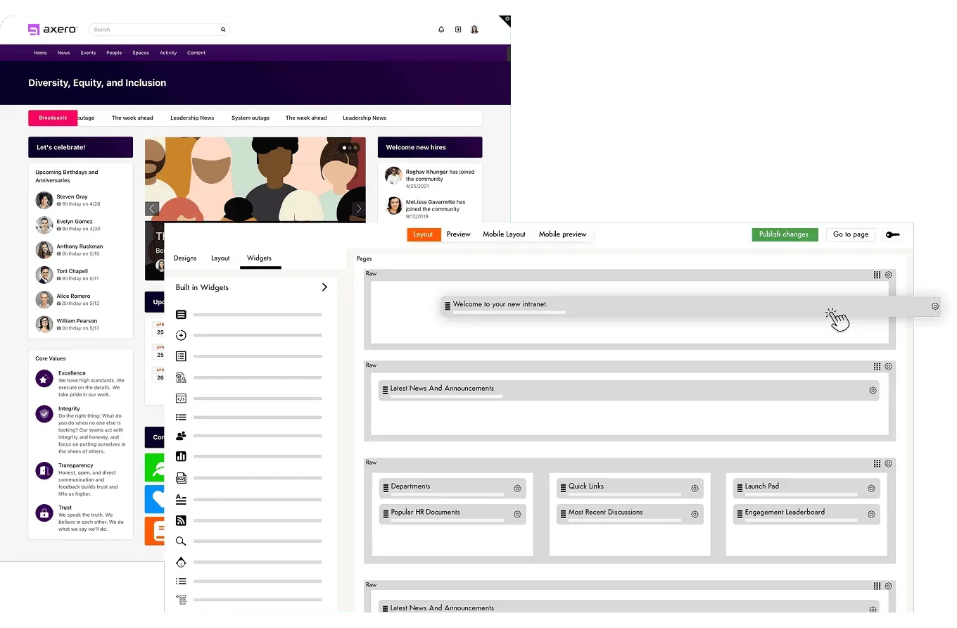 Axero intranet design and customization interface showing branded pages