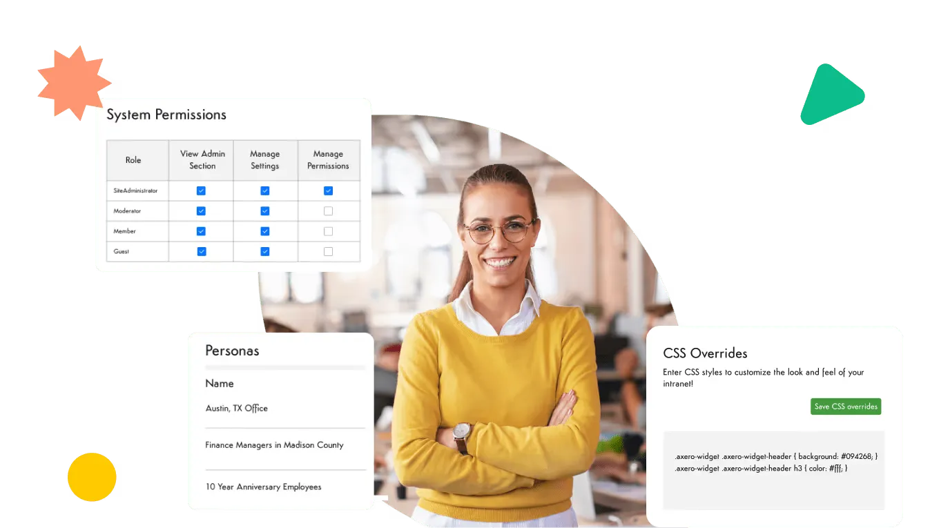 Axero drag-and-drop page builder with brand customization.