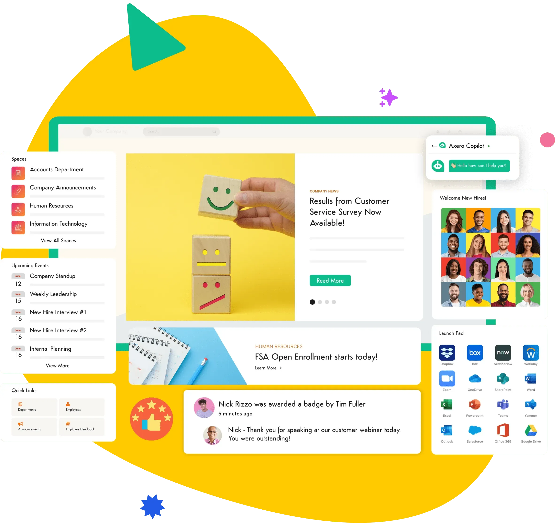 Axero home dashboard showing surveys, new hires, events, and app links
