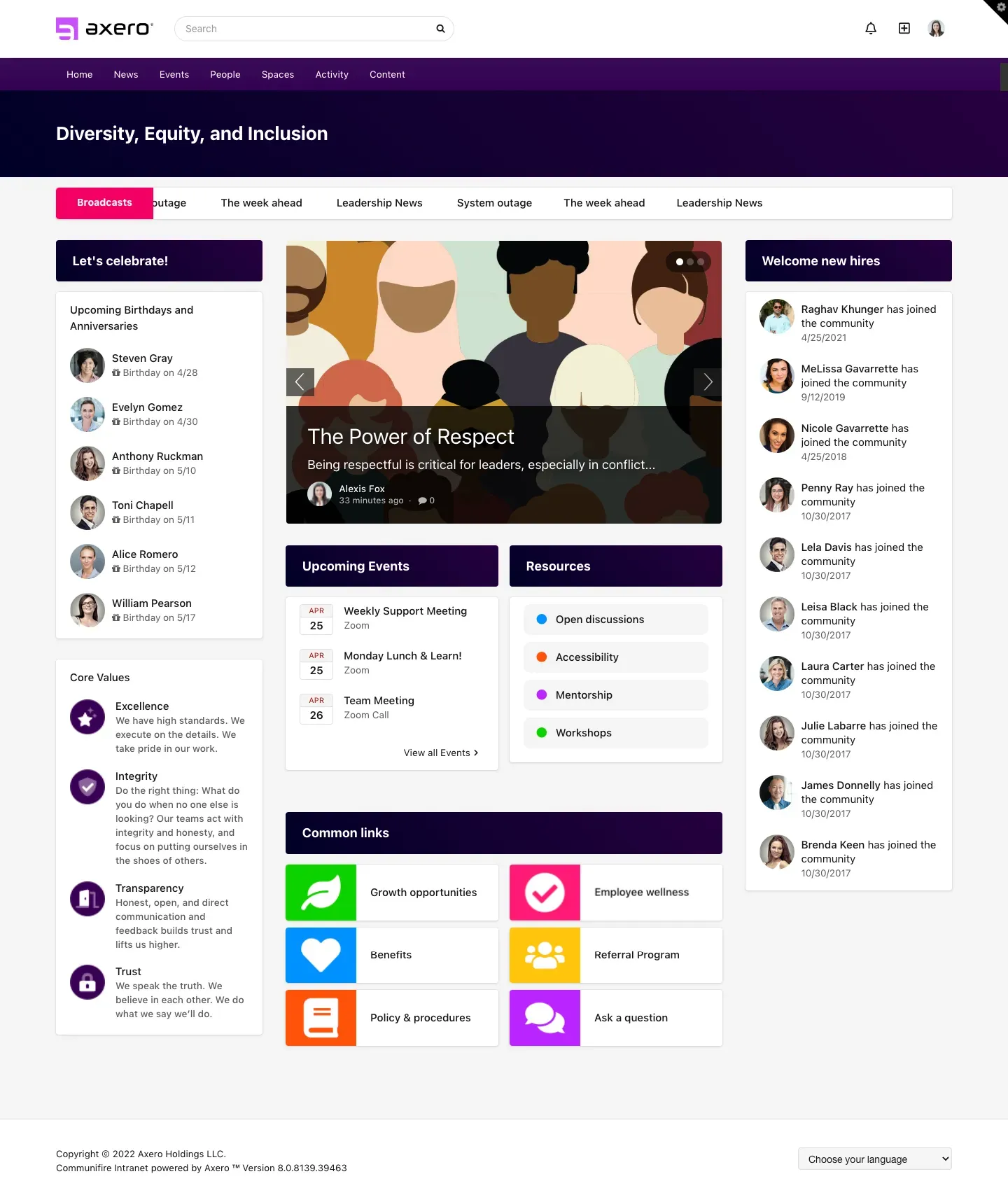Axero diversity and inclusion space showing a dedicated digital workspace for a team.