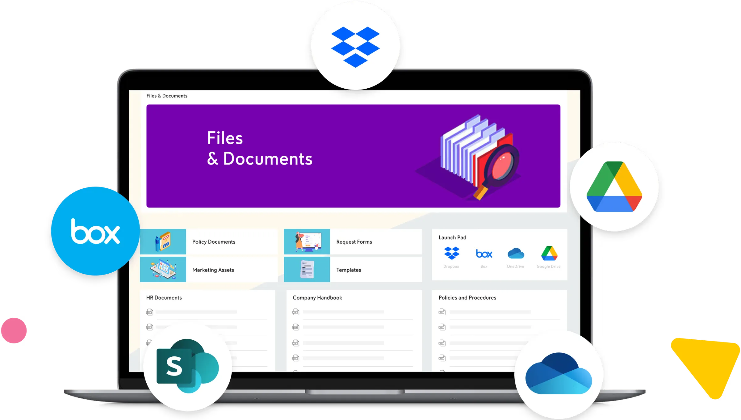 Laptop displaying files hub with logos of Dropbox, Google Drive, Box, OneDrive, and SharePoint.