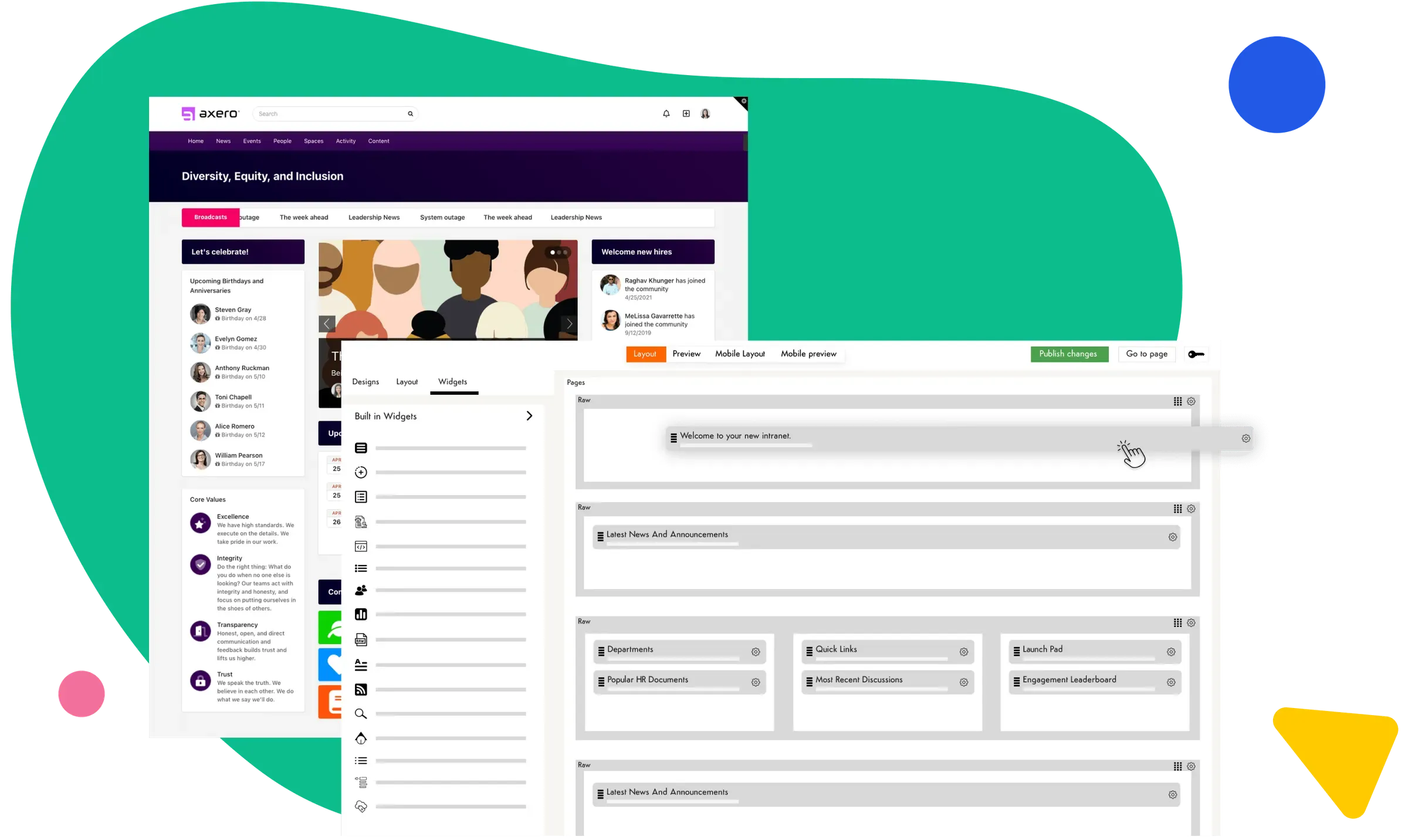 Axero home dashboard showing design and build tools