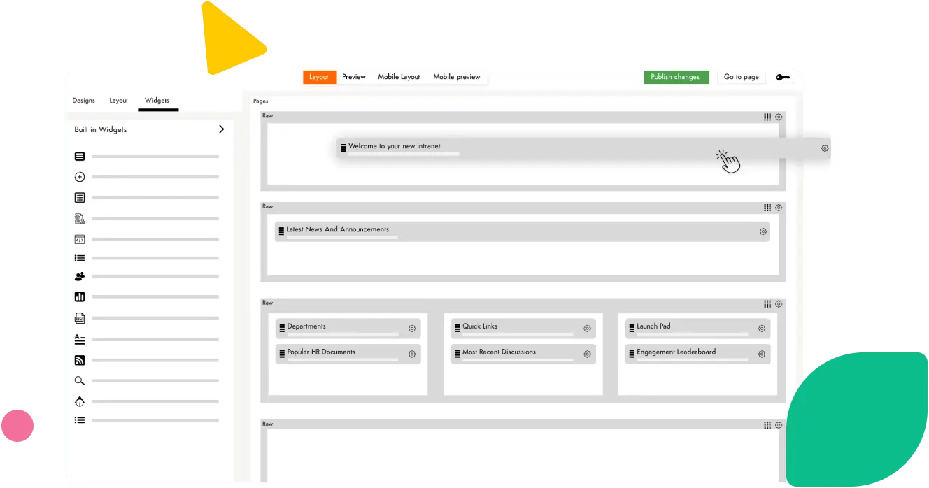 Intranet page editor interface showing widget layout tools for Axero Solutions platform.