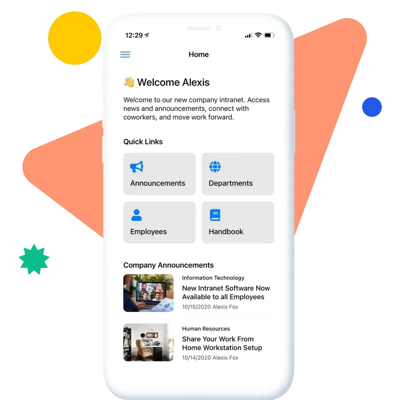Mobile showing intranet homepage with 'Welcome Alexis,' links, and announcements.