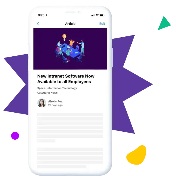Smartphone showing article 'New Intranet Software' with team illustration on dark background.