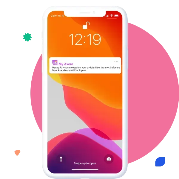 Close-up of white smartphone showing 'My Axero' intranet alert on orange-pink background.