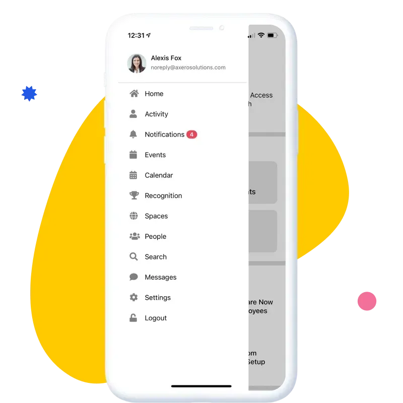 Mobile app on white iPhone showing menu with Home, 4 alerts, and Settings on colorful background
