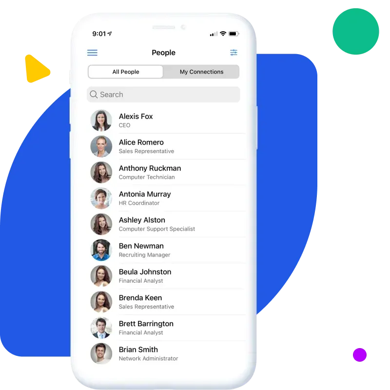 Smartphone showing 'People' app with names, photos, job titles on bright minimalist background.