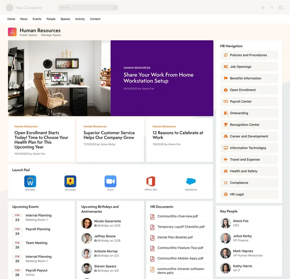 Axero HR and onboarding space showing policies, resources, and team information.