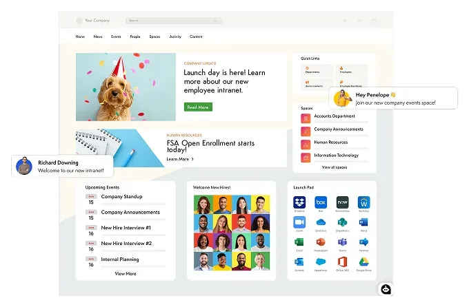 Branded Axero homepage with quick links, events, and spaces.