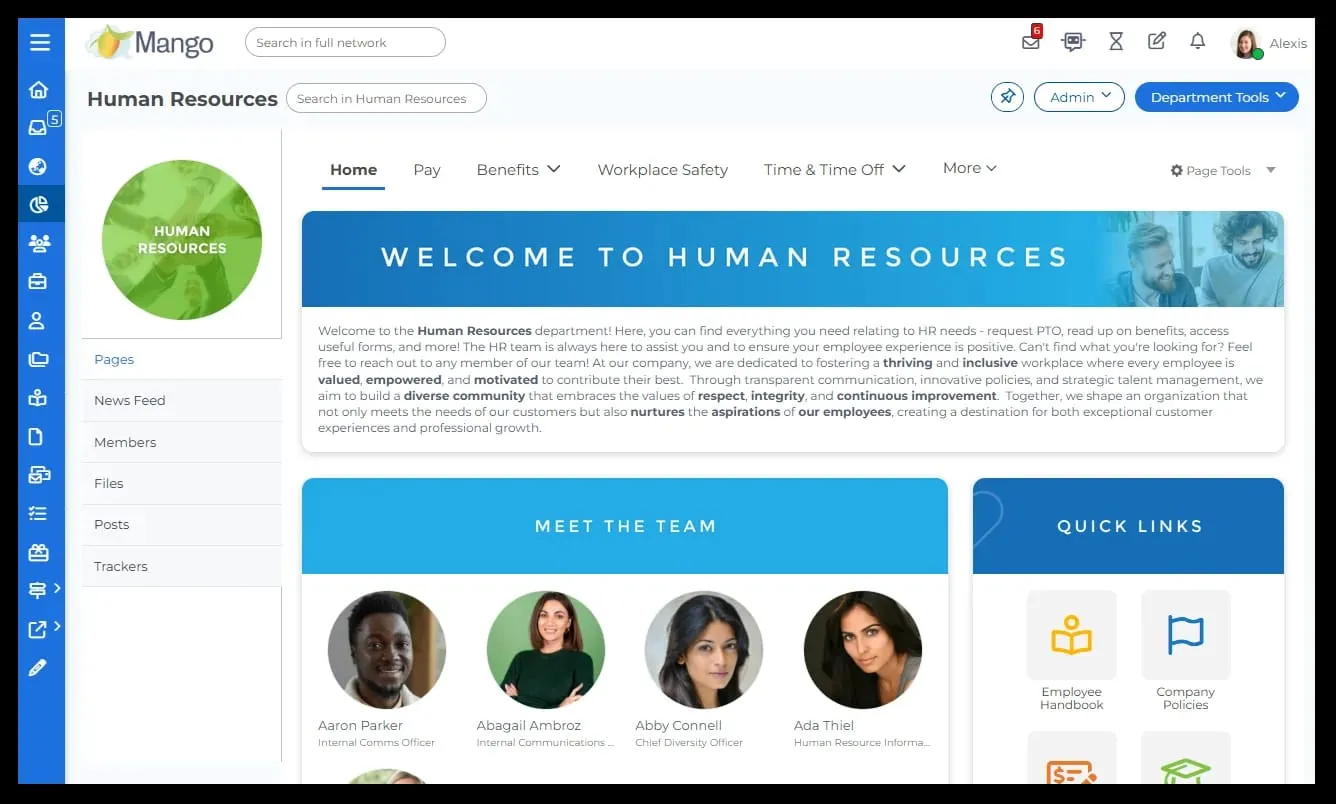 MangoApps Human Resources department page with team members and quick links