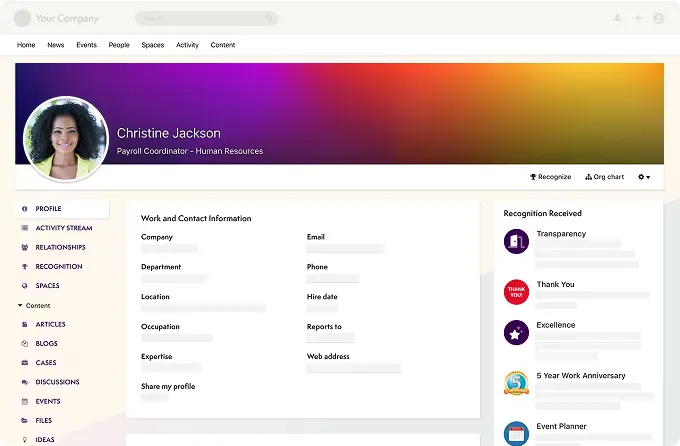 Employee directory and org chart showing staff profiles, photos, and roles.