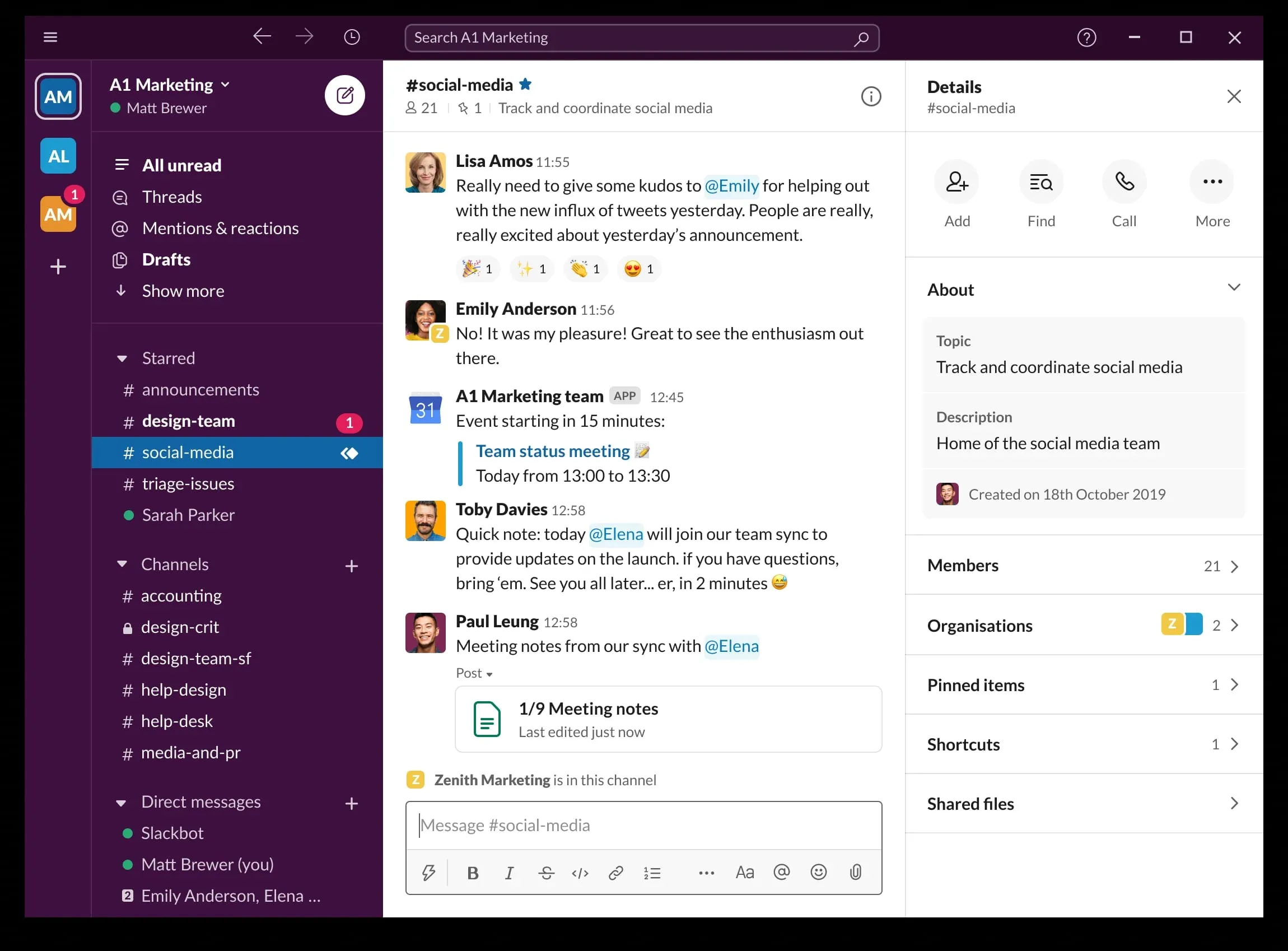 Slack workspace with channels, a team conversation, and channel details