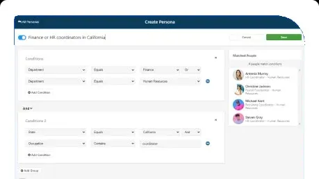 Create Persona screen for targeted communications.