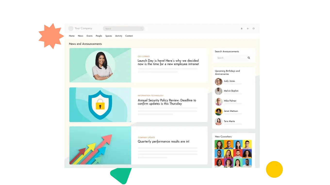 Axero announcements, newsletters, and targeted broadcasts across the intranet
