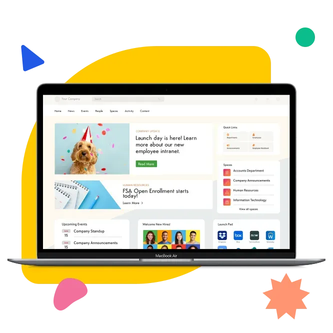 Axero intranet displayed on a laptop with a festive welcome announcement.