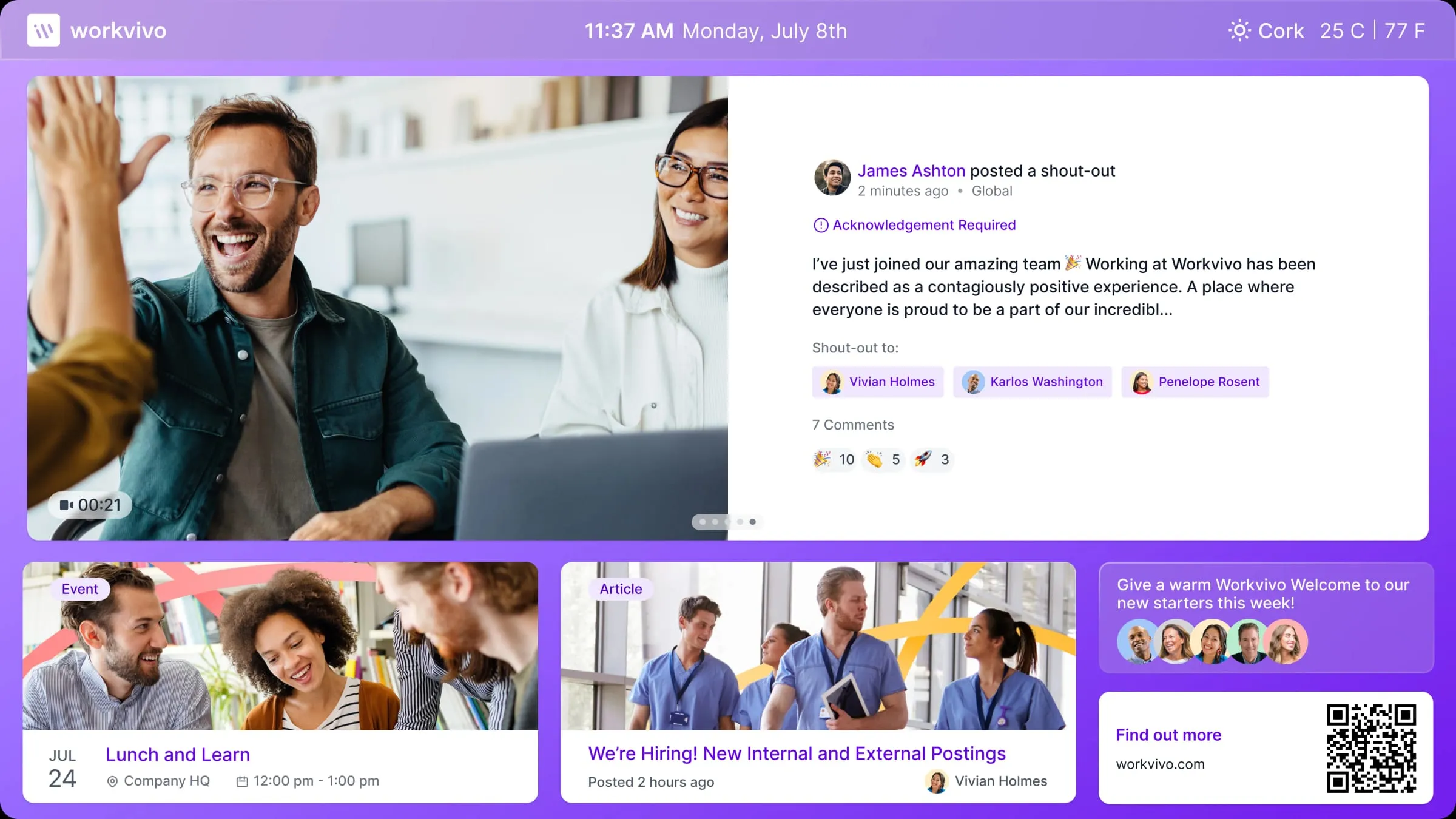 Workvivo home feed with a shout-out post, an event, and company announcements