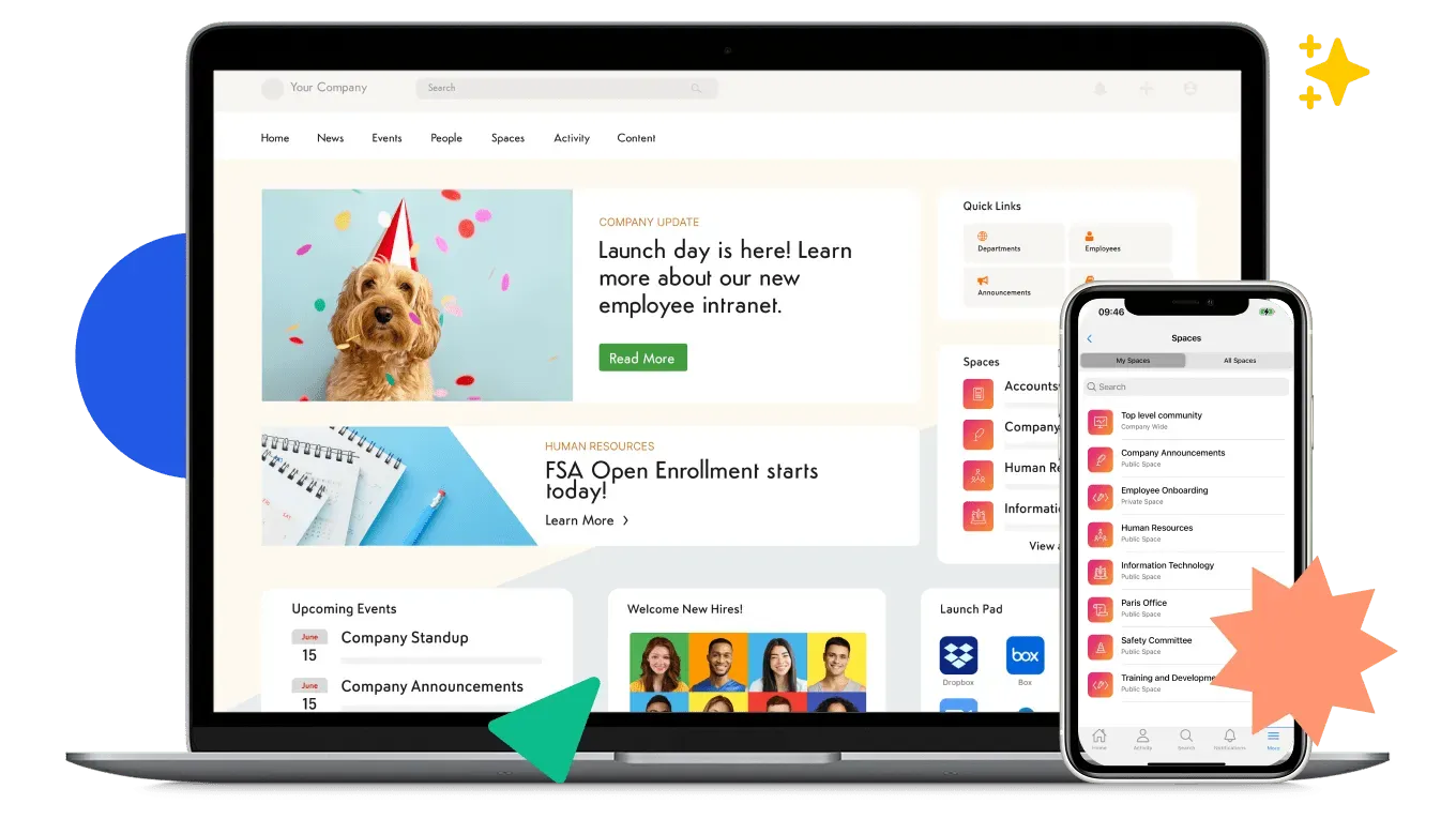 Axero intranet homepage showing branded layout, announcements, and quick links