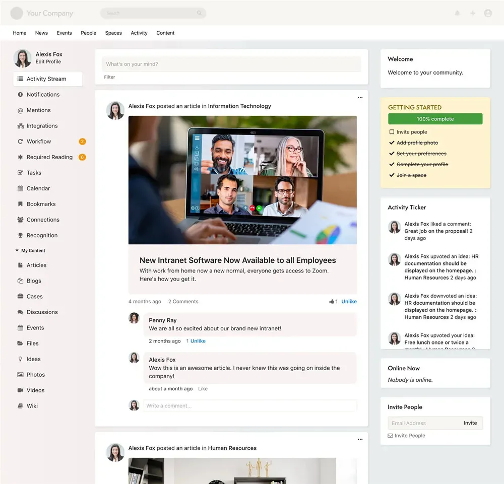 Customizable Axero intranet homepage with company news, quick links, and announcements.