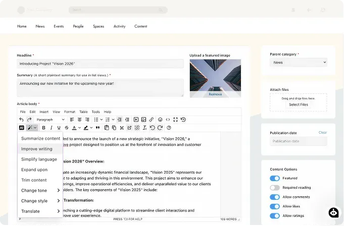 AI Helper menu inside the Axero content editor.