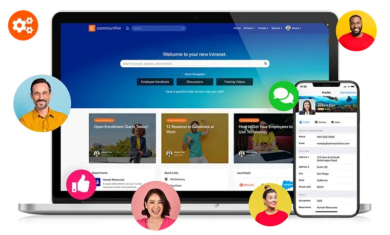 Laptop and phone showing Axero intranet with news feed, team profiles, and collaboration tools.