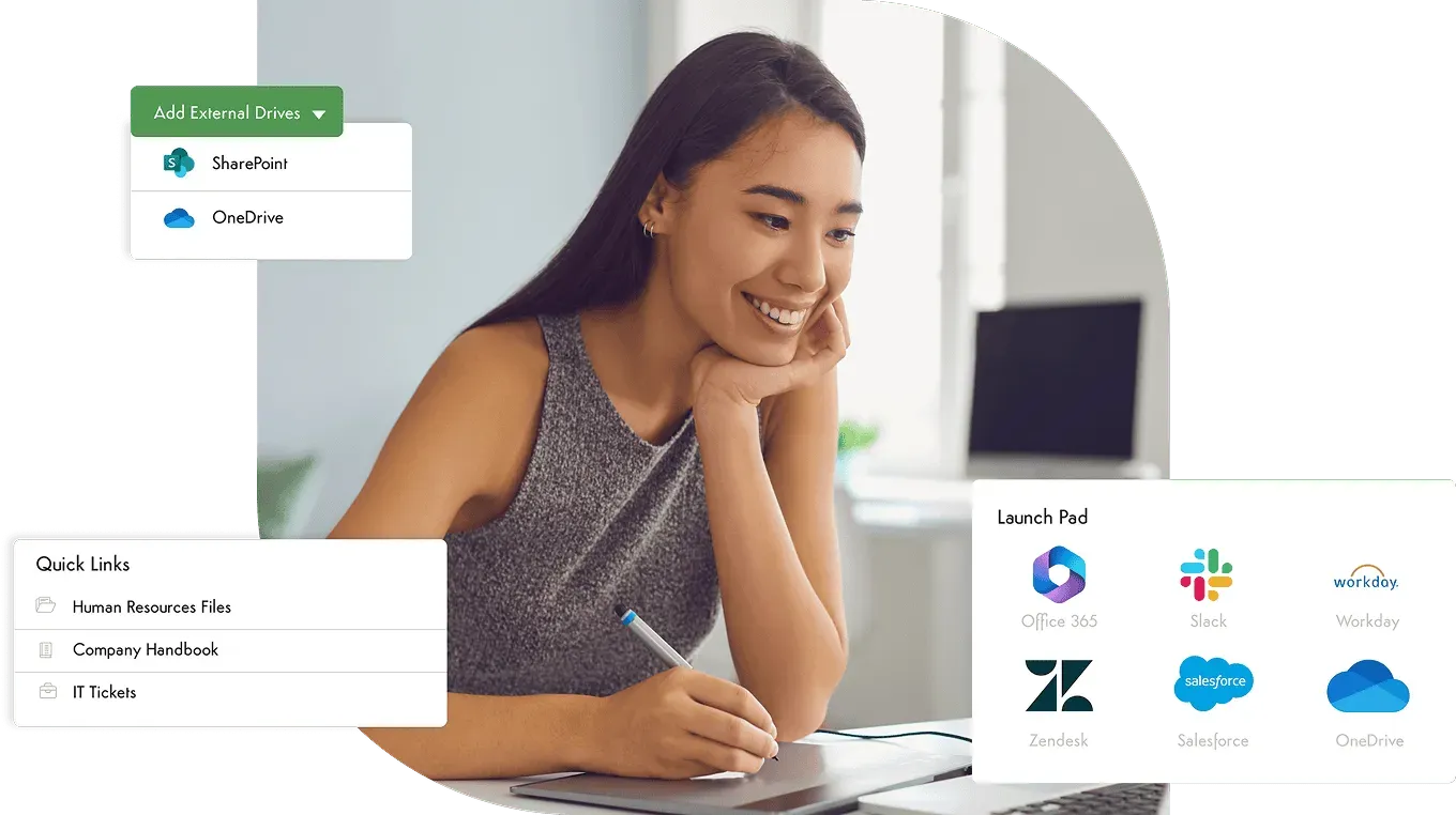 Axero connecting to SharePoint, OneDrive, Slack, Salesforce, and Workday.