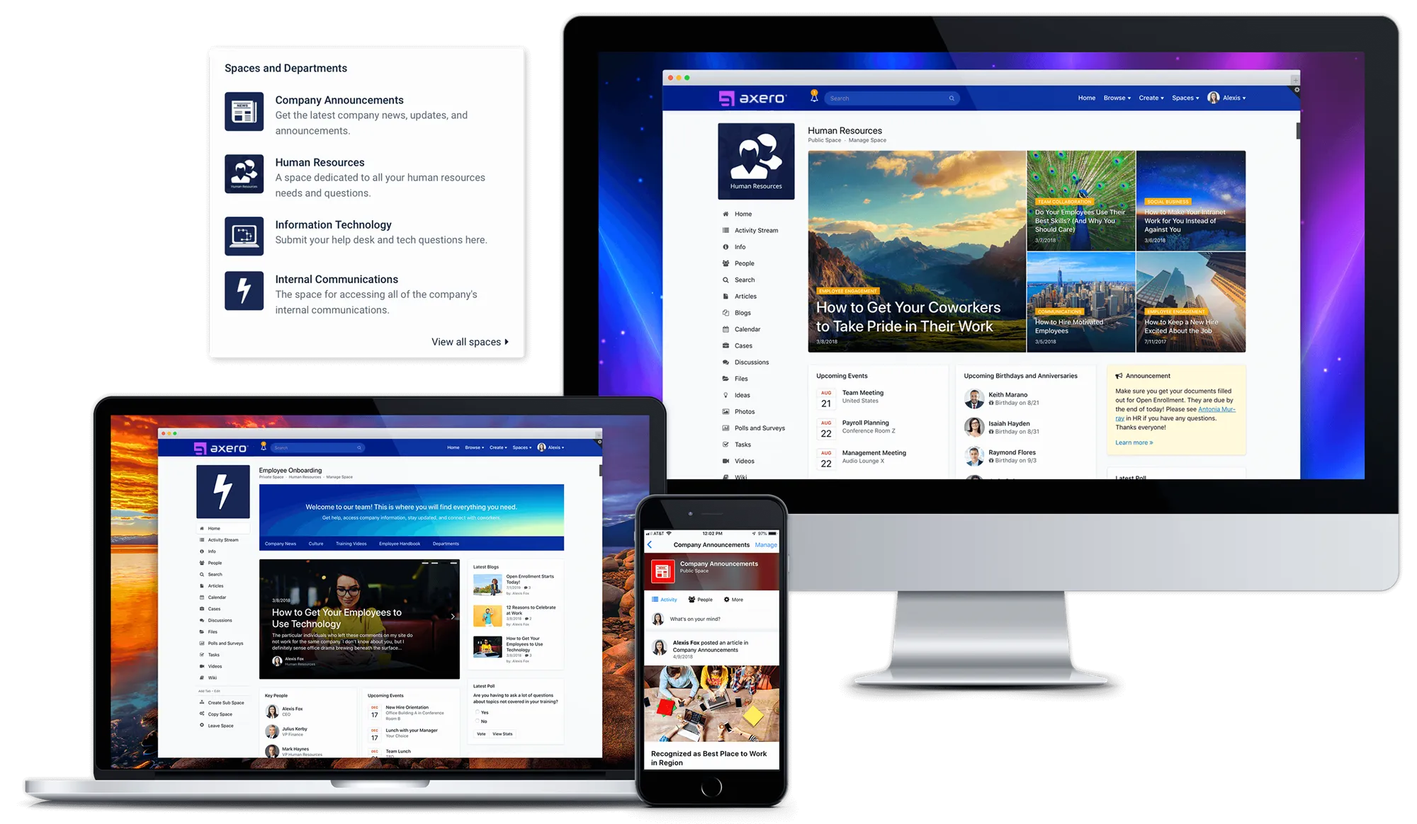 Axero intranet Spaces overview showing branded team workspaces with content, members, and activity