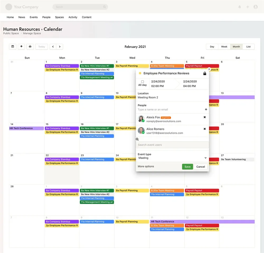 Shared calendar interface for scheduling across faculty, staff, and departments.