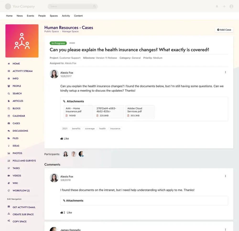 Axero cases interface showing insurance claim tracking, status, and assignment.