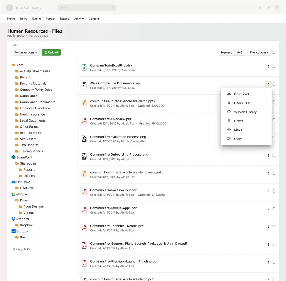 Axero file management showing secure document storage with granular permissions.