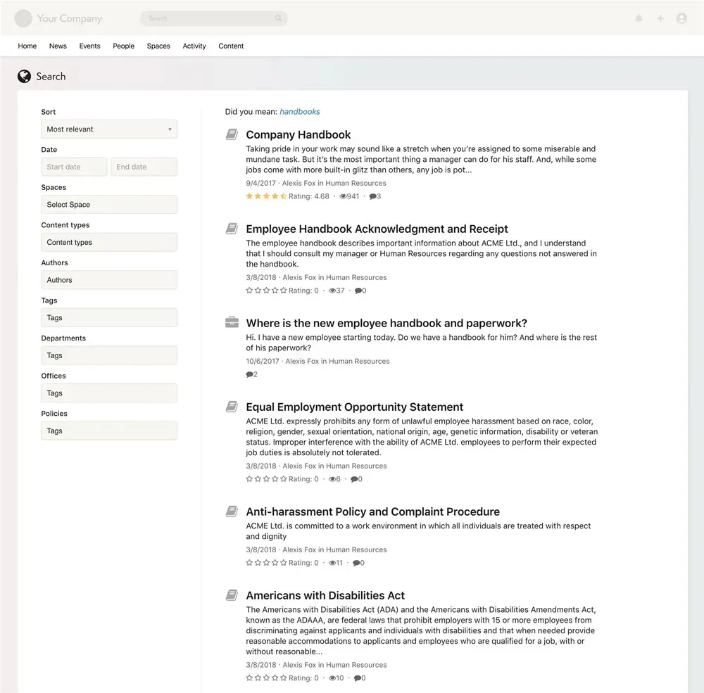 Axero search interface showing knowledge management and content discovery.