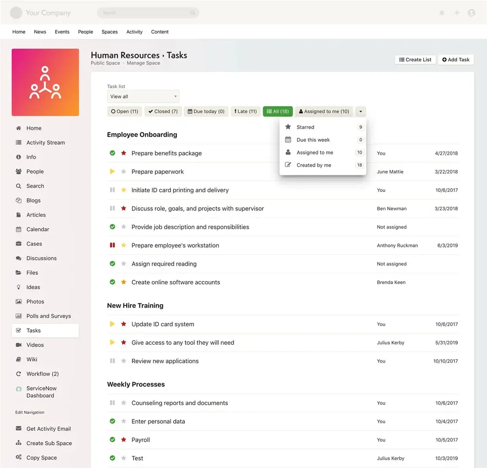 Axero task management interface showing projects and productivity tools.