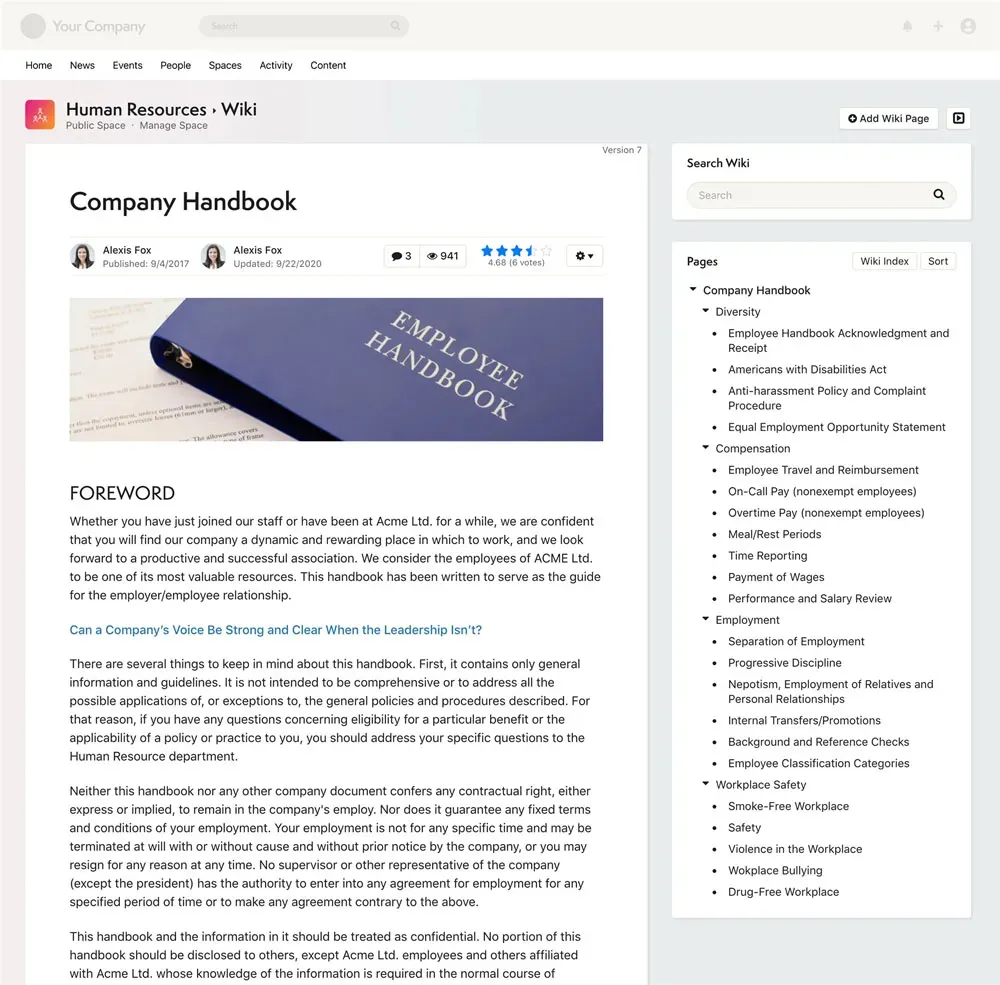 Axero wiki and knowledge base interface showing searchable insurance policies and guides.
