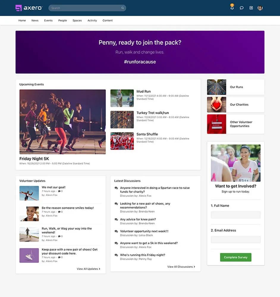 Axero project space showing team collaboration, tasks, and shared resources.