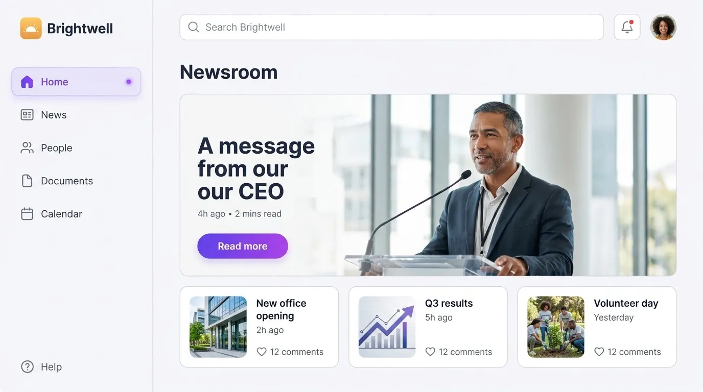 Internal communications newsroom intranet example with a lead story, news grid and leadership announcement.
