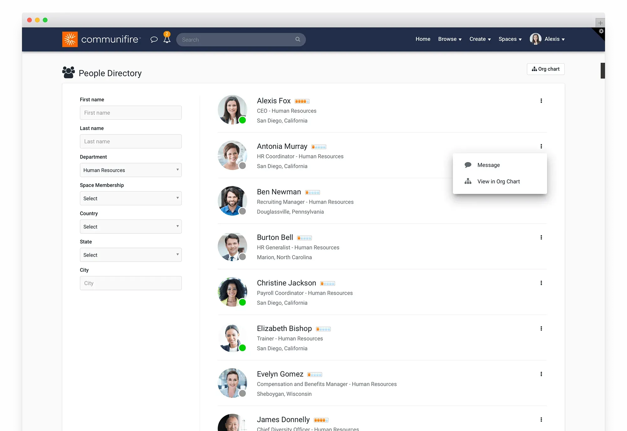 Company Directory Software showing team grid with names, photos, and roles.