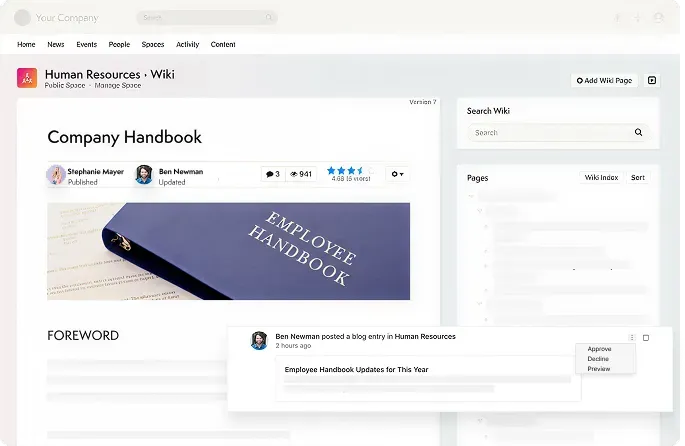 Company handbook wiki showing version history and a pending approval notification.