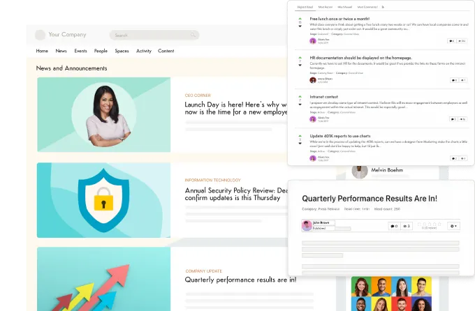 Intranet news and announcements page with CEO, IT, and company-update stories, alongside panels of employee ideas and a performance-results post