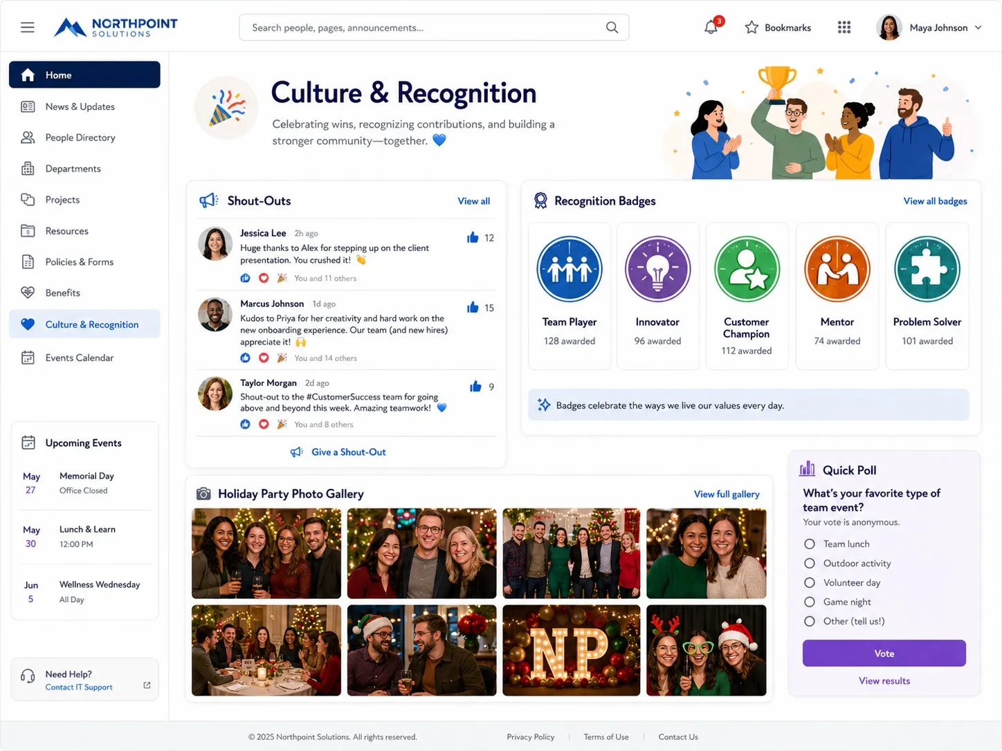 Company culture intranet example with employee shout-outs, recognition badges, event photos and a spotlight.
