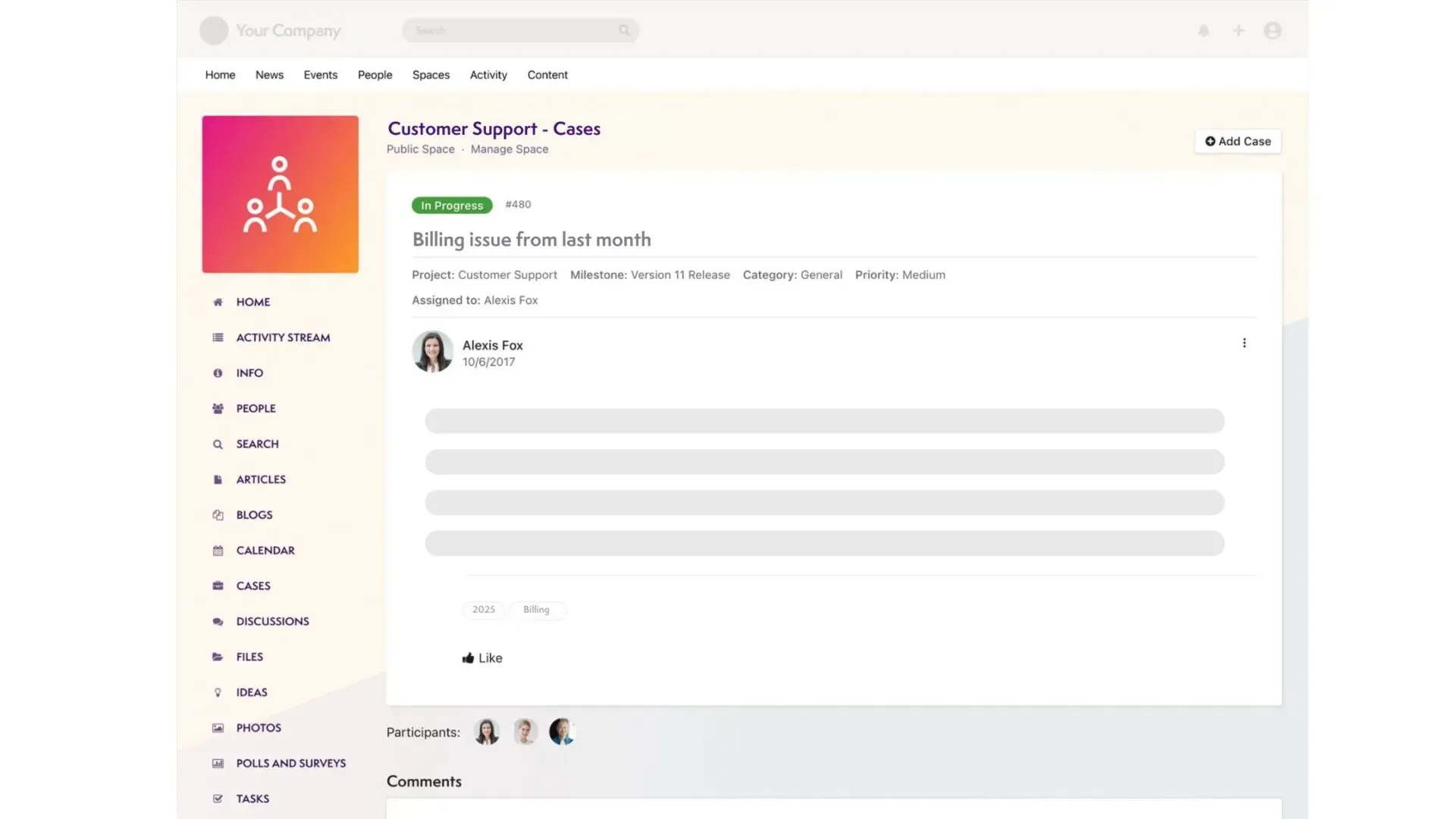 Branded customer support portal with customized layout and featured content.