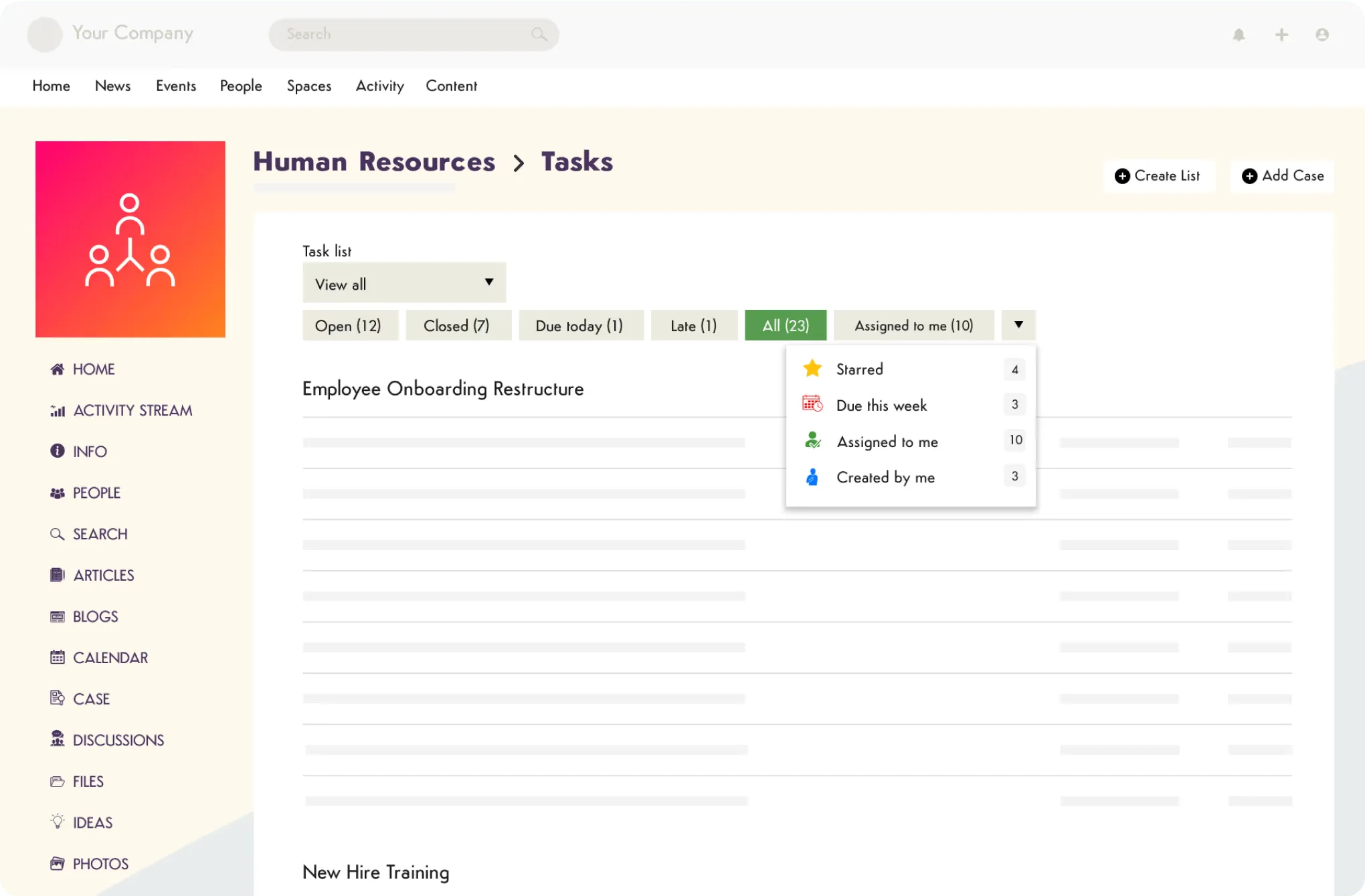 Task management dashboard showing open, closed, and assigned items in HR onboarding list.