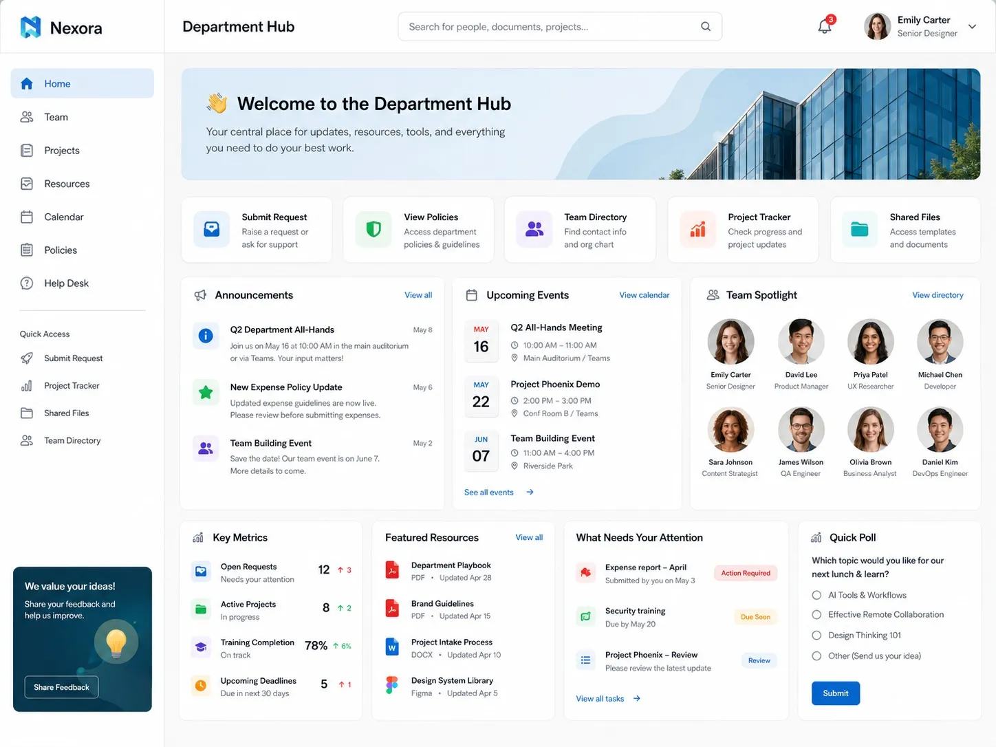 Department intranet hub example showing a team header, members, shared files and team discussions.