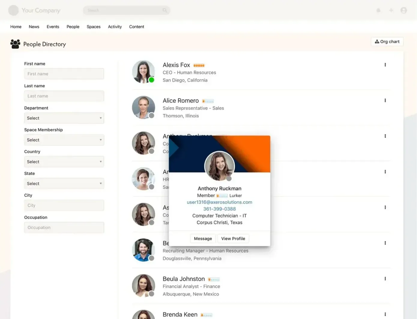 Employee directory interface showing team profiles, photos, and titles.