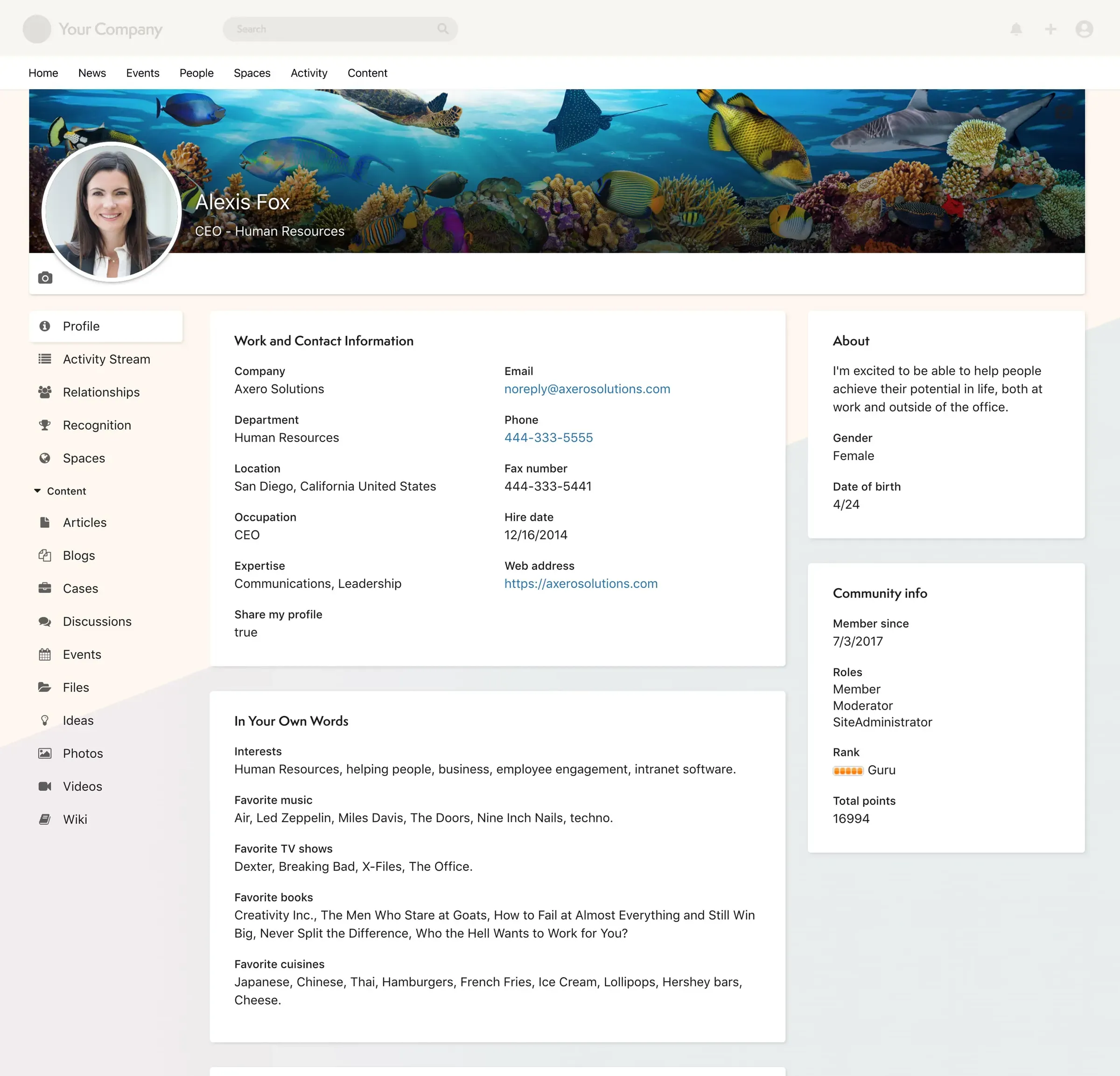 Rich Axero employee profile with role, skills, projects, and contact details.
