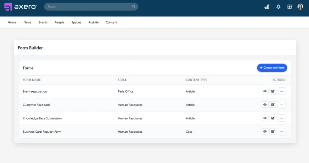 The Form Builder dashboard of forms and submissions