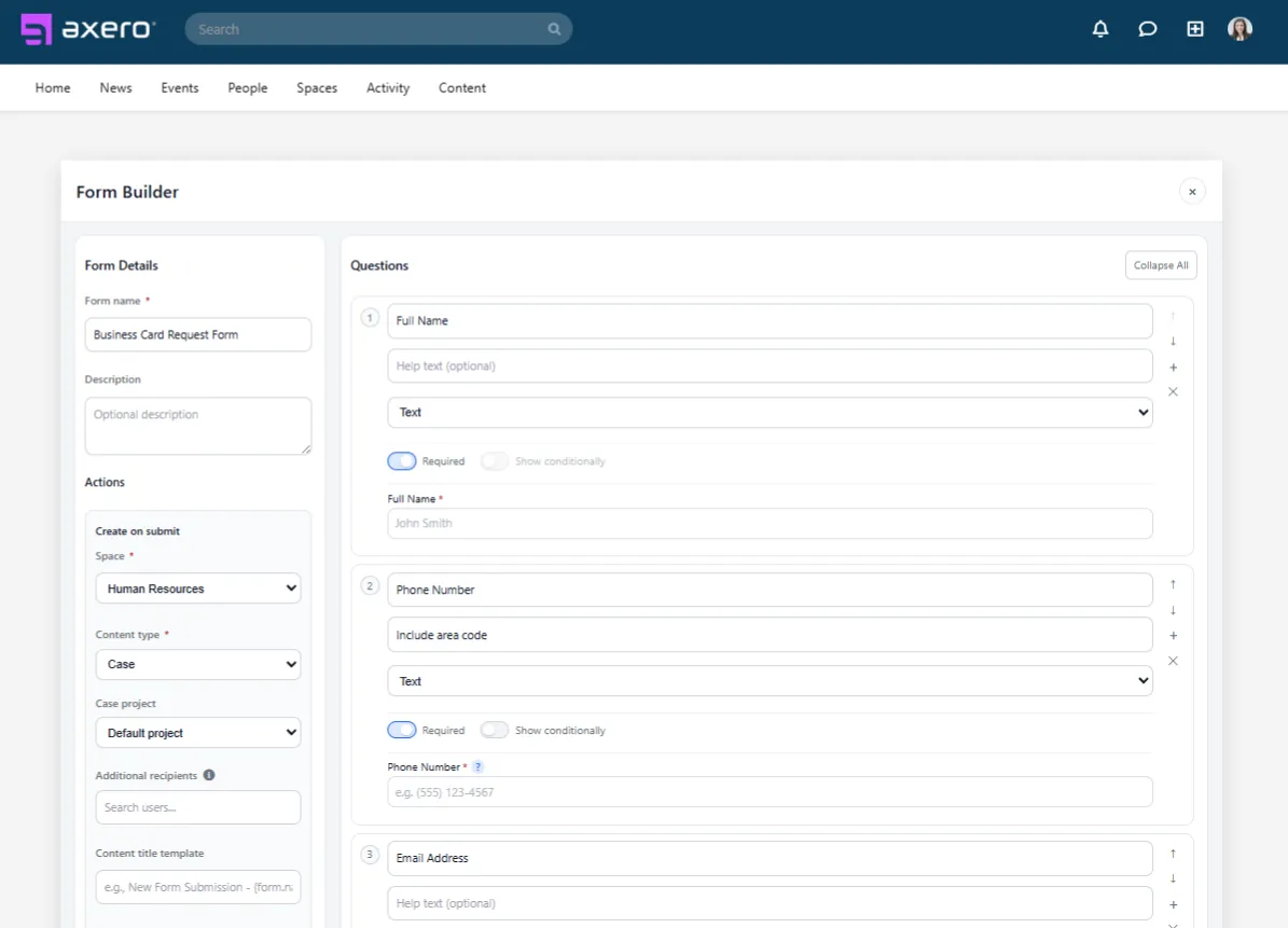 Building a form in the Axero Form Builder