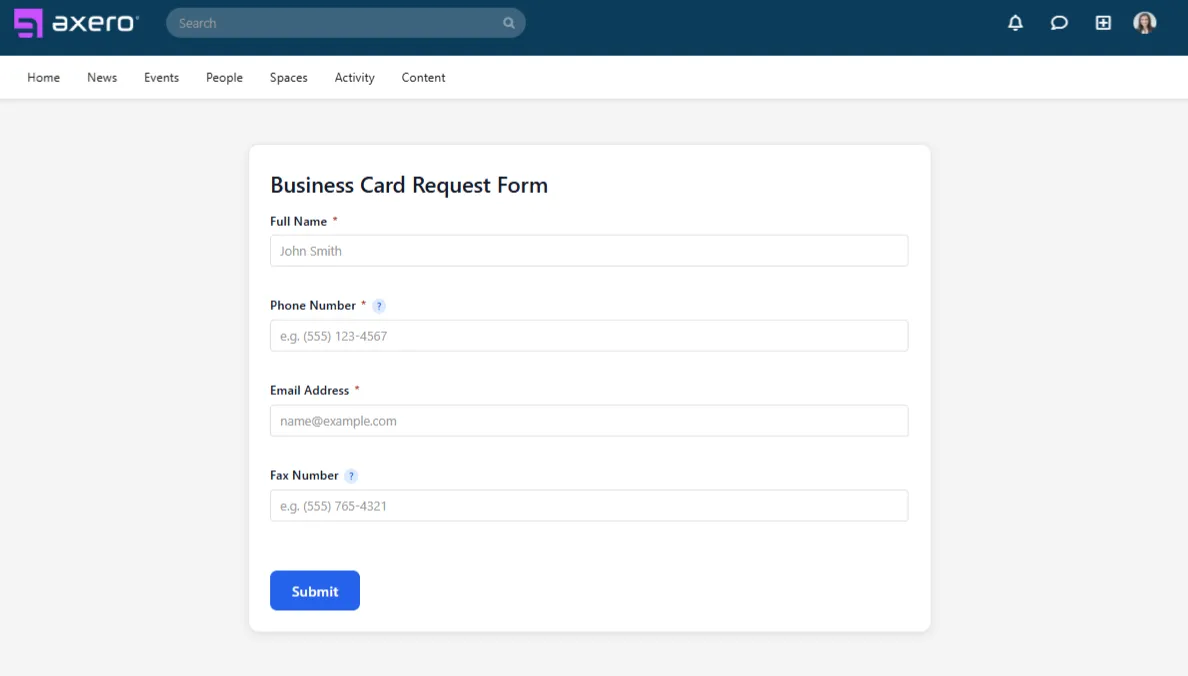 A published Axero form ready to fill out